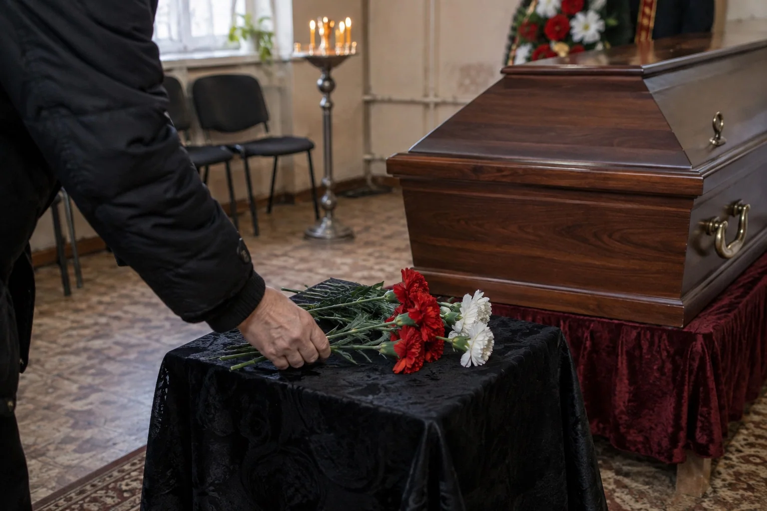 Подготовка зала перед прощанием.