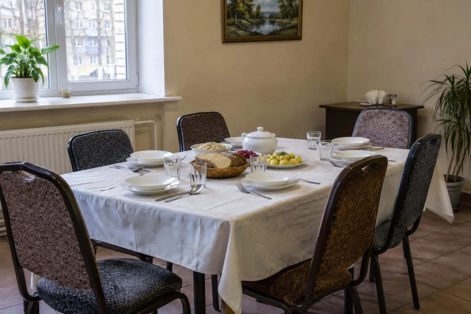 Простая столовая, скромный стол перед поминальным обедом.